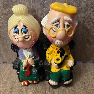 Vintage Blow Mold Grandma and Grandpa piggy bank set 9 1/2" tall